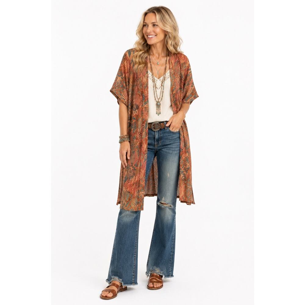DR2 Daniel Rainn Women's Boho Short Sleeve Cardigan Warm Tropical Print One Size